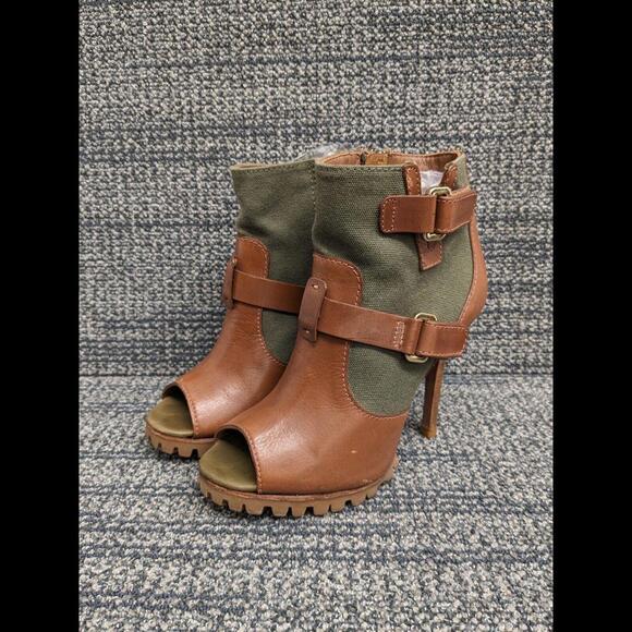 Tory Burch Oren Peep Toe Ankle Booties Olive Brown Women 7.5 - Picture 1 of 14